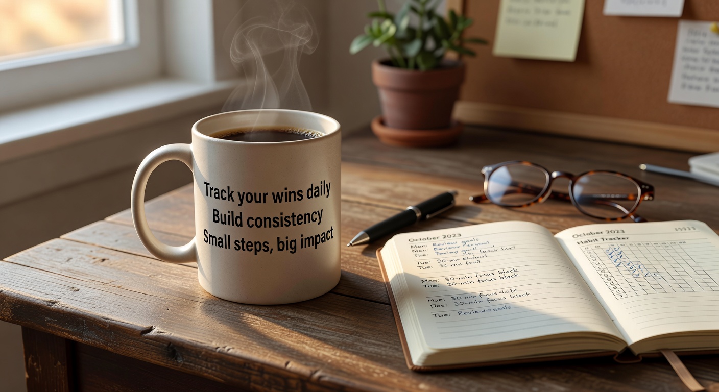 Morning habit routine with coffee and affirmations